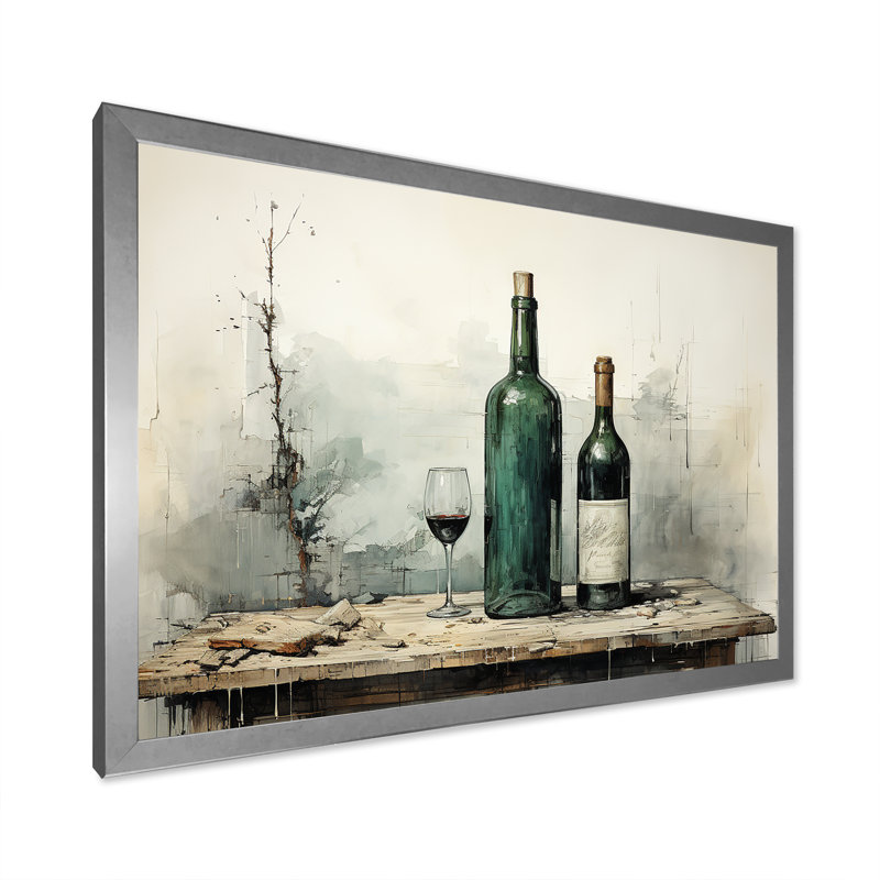 Vert minimaliste bouteilles de vin Silhouette IV - art mural vin, Cadre de coin argenté fermé, H 24 po x l 32 po x P 1 po
