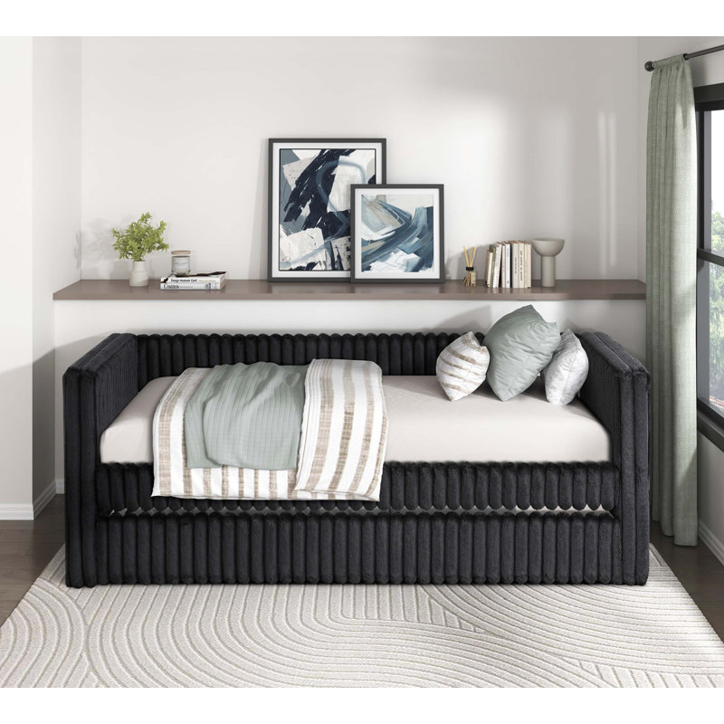 Lit de jour 1pc avec revêtement en velours côtelé et tissu d'ameublement de luxe moderne, Noir