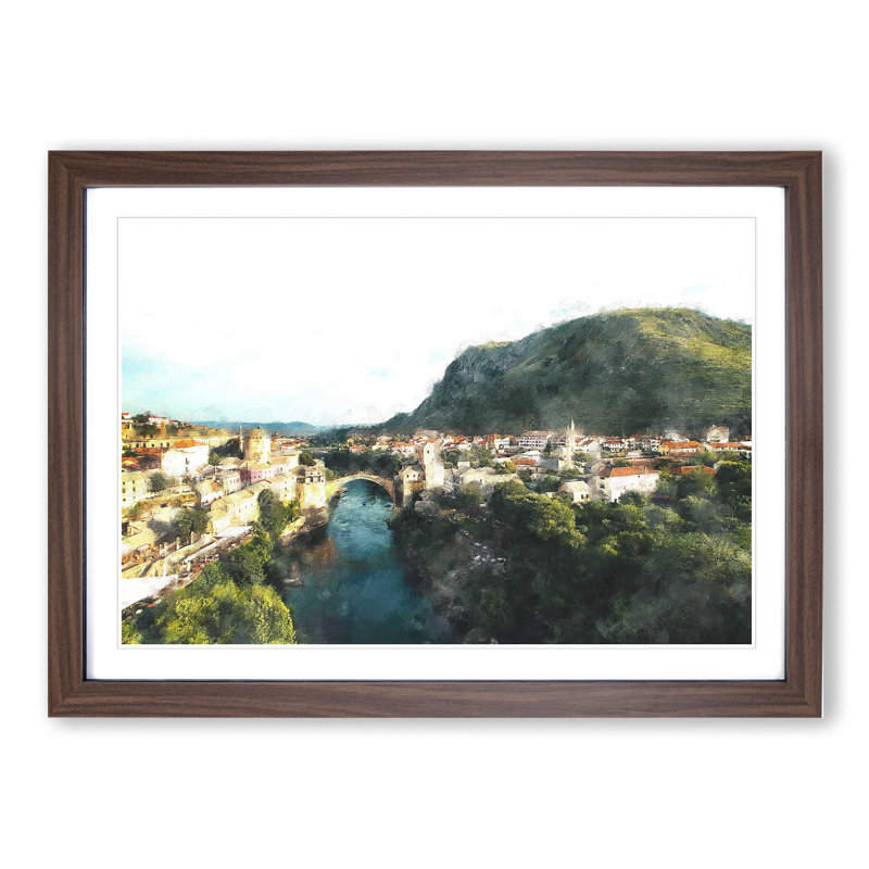 Skyline of Mostar - Picture Frame Graphic Art, 48cm H x 65cm W x 2cm D, Walnut Framed