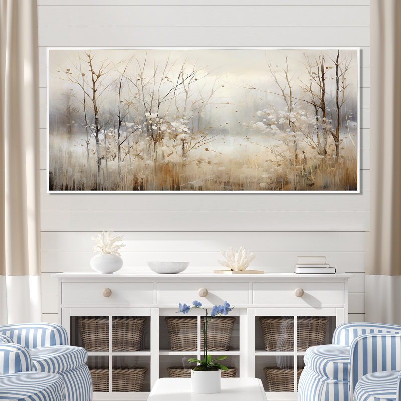 «Winter Meadow View calmness II», impressions sur toile Meadow, H 16 po x l 32 po, Reproduction avec cadre flottant, Blanc