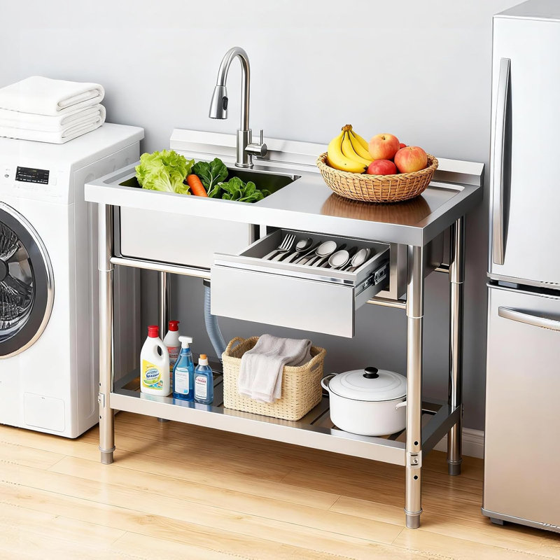 39" Commercial Stainless Steel Utility Sink with Pull-Out Faucet, Freestanding Single Bowl Kitchen & Laundry Workbench