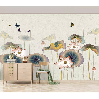 Lotus Flower Watercolor Butterfly Drawing Classic Removable Wallpaper