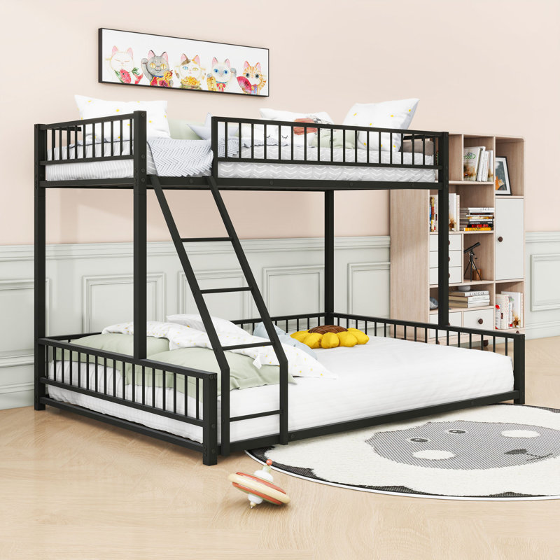 Metal Bunk Bed With Ladder & Guardrails, Detachable Design, Black, Twin XL Over Queen