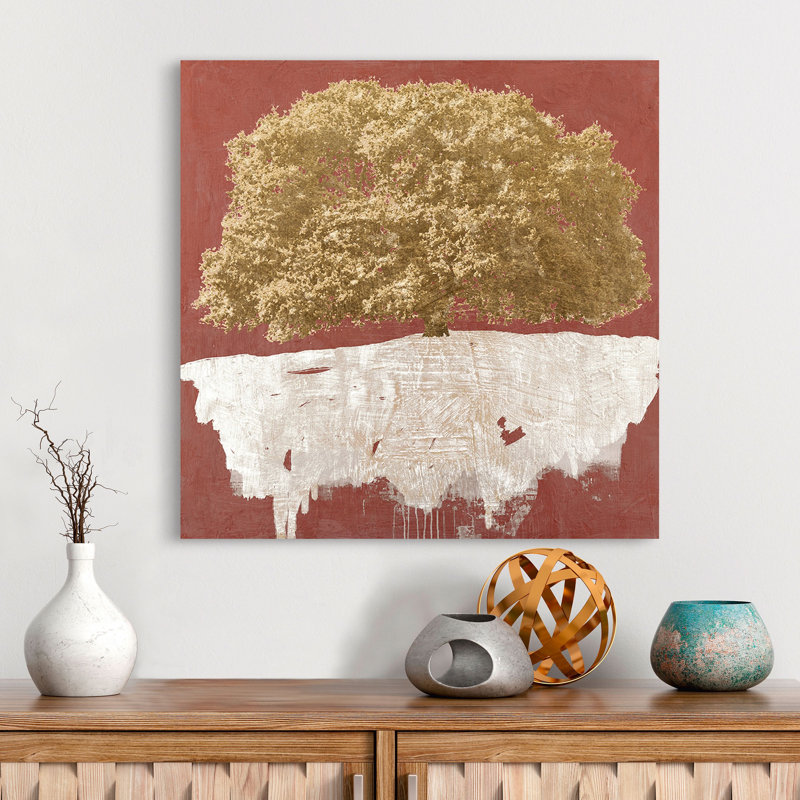 Golden Tree on Red 1 Piece Wrapped Canvas Wall Art, 70cm H x 70cm W x 4cm D