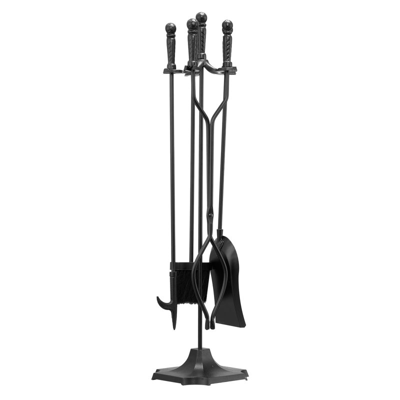 Ensemble d'outils de foyer, ensemble d'outils de feu 5 pièces et support avec support à cinq broches, pinces, pelle en frêne, brosse, tisonnier, accessoires de foyer en fer forgé pour l'intérieur / l'extérieur, noir