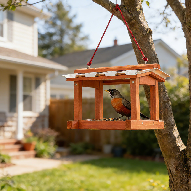 Feeding Troughs For Animals,Wooden Bird Feeder with PVC Roof for Outside Hanging,Great for Attracting Birds