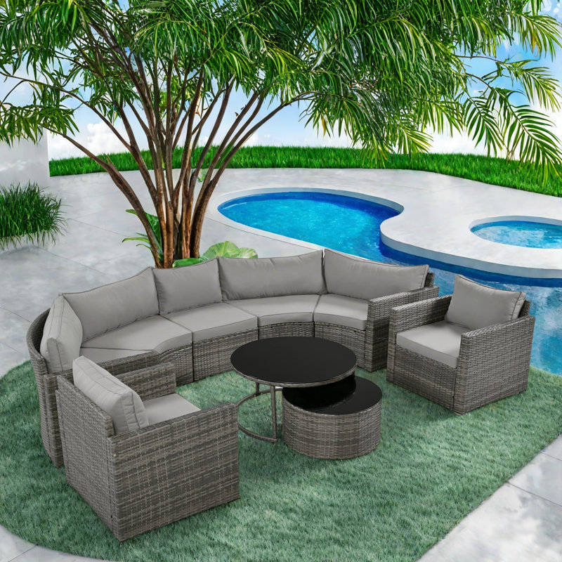 9-piece Outdoor Half-moon Wicker Conversation Sets With 1 Nesting Coffee Table And Tempered Glass Top