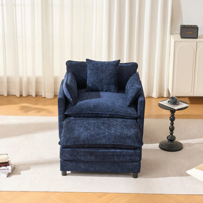 39.4" Modern Accent Chair with Ottoman, Living Room Club Chair Chenille Upholstered Armchair , Reading Chair for Bedroom, Blue Chenille