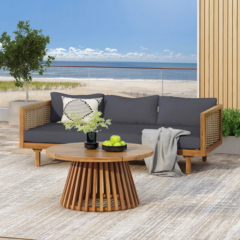 3 Seater Daybed With Arms, Dark Grey Cushion, Wood Build, Slat Panel Design On Seat And Back, Water- Cushioning, 24.03” Product Height, Assembly Required Outdoor , Base, Seating 31.39” D,