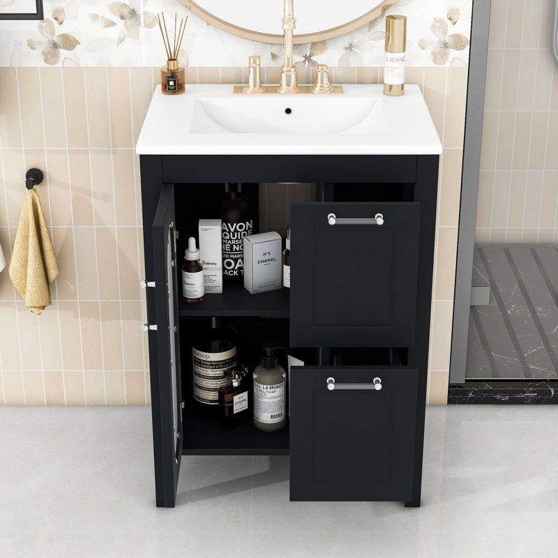 Meuble-lavabo 24 po avec lavabo, deux tiroirs et tablette réglable, Noir, noir, noir, noir