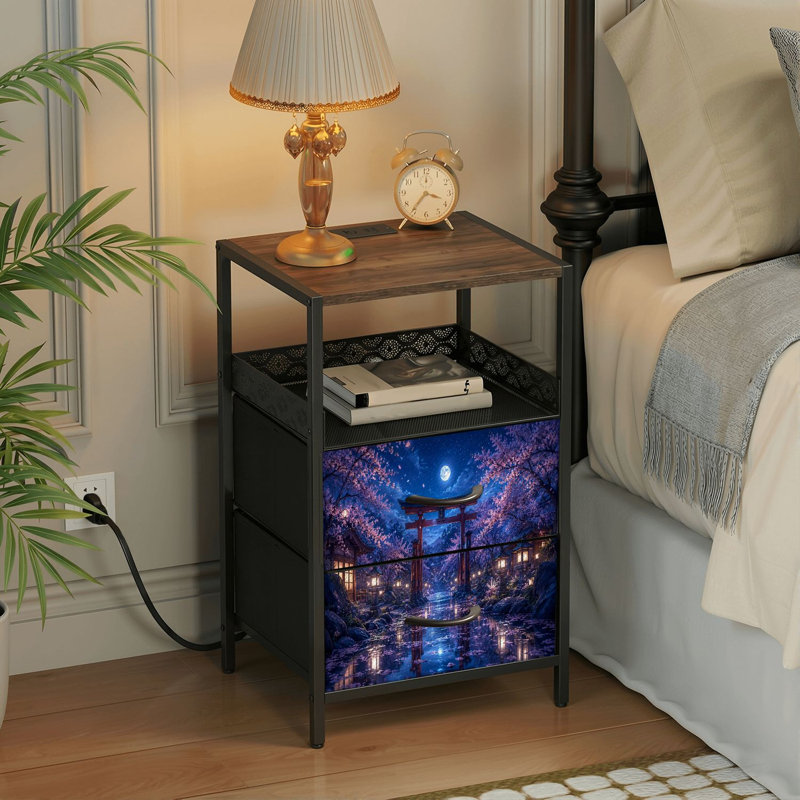 Table de chevet 2 tiroirs avec station de charge, table de chevet pour chambre avec ports USB et amp; Imprimé réfléchissant Outlets
