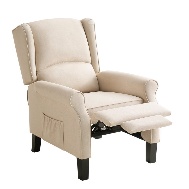 Pushback Recliner Chair, Wingback Armchair with Side Pocket, Wooden Legs, Linen, Beige