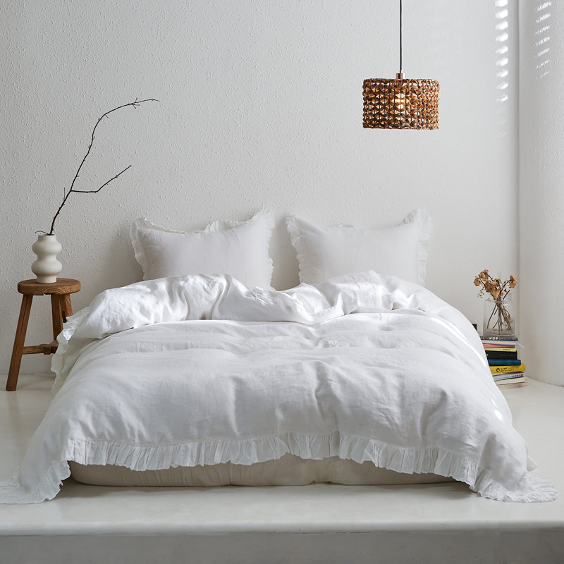 Ensemble de housse de couette en lin à volants, Blanc, Housse de couette pour grand lit et 2 taies décor