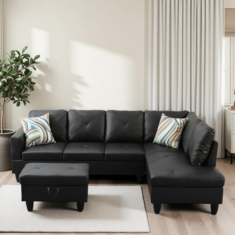 3-Piece Black Faux Leather Modular Sectional Sofa, Right Hand Facing
