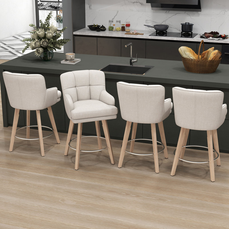 26''H Upholstered 360°Swivel Counter Height Bar Stools, Wood Legs Kitchen Island Chairs, Beige Seat/ Natural Frame, 4