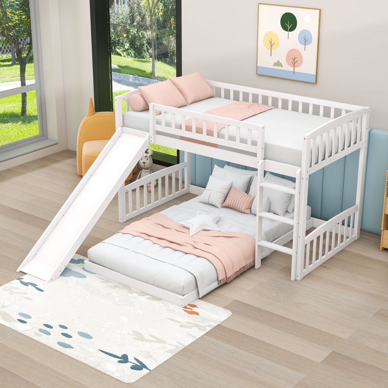 Lit superposé simple en bois avec glissière, garde-corps et échelle, Blanc