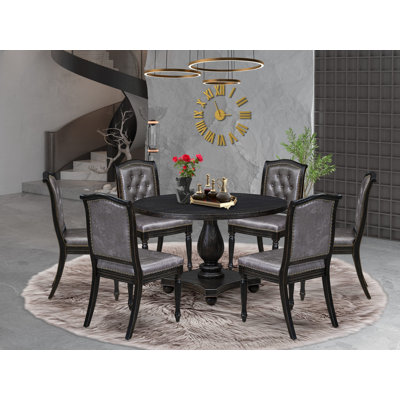 7-Piece Dining Set Includes a Round Mid Century Modern Table and 6 Dark Gray Polyester Chairs with High Back, Sand Blasting Black Finish.