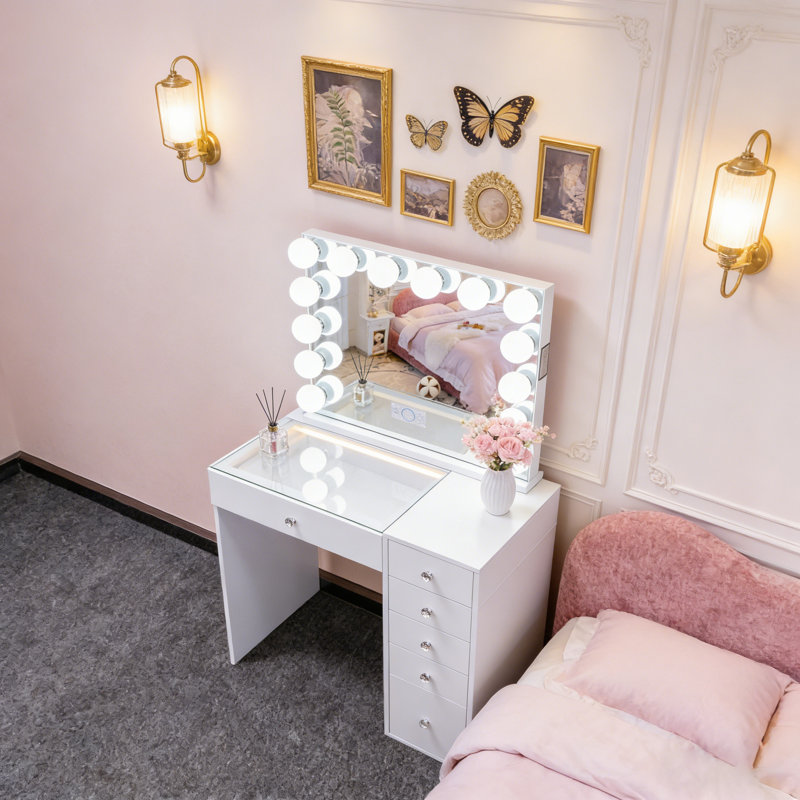 Ensemble de meuble-lavabo avec plateau en verre haute définition, miroir DEL, prise de courant, 6 tiroirs et boutons en cristal