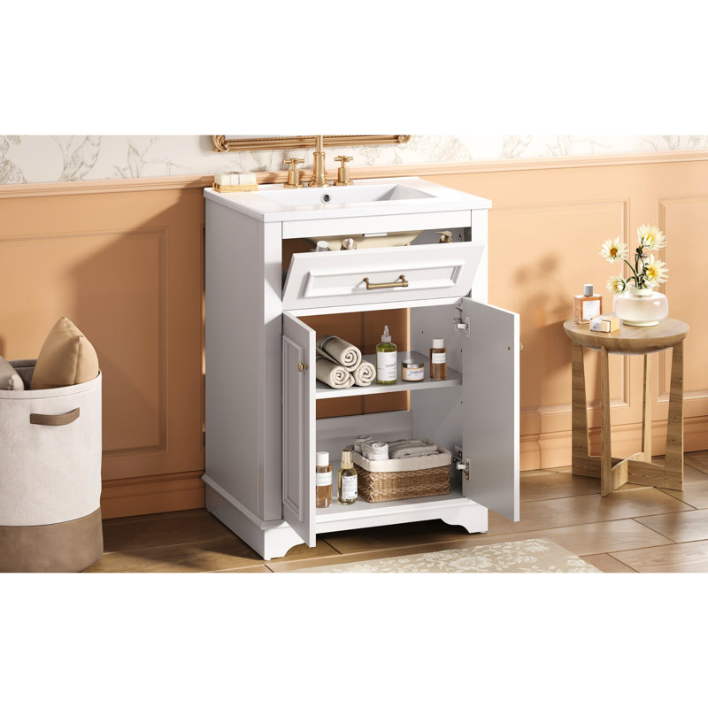 Meuble-lavabo 24 po avec lavabo intégré, blanc, 2 portes, 1 tiroir basculant, design contemporain, rangement spacieux, quincaillerie, installation rapide pour salle de bain au look moderne, compartiments, panneaux, assemblage
