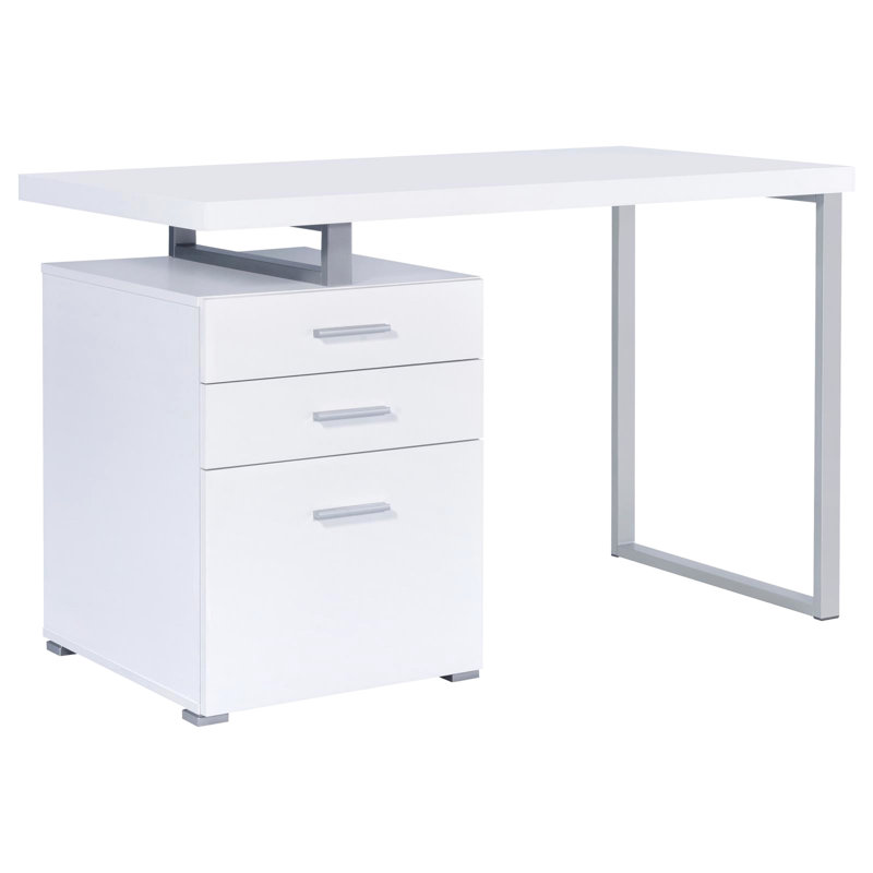 Bureau moderne blanc avec beaucoup de rangement et un aspect de travail chic, rectangulaire et élégant