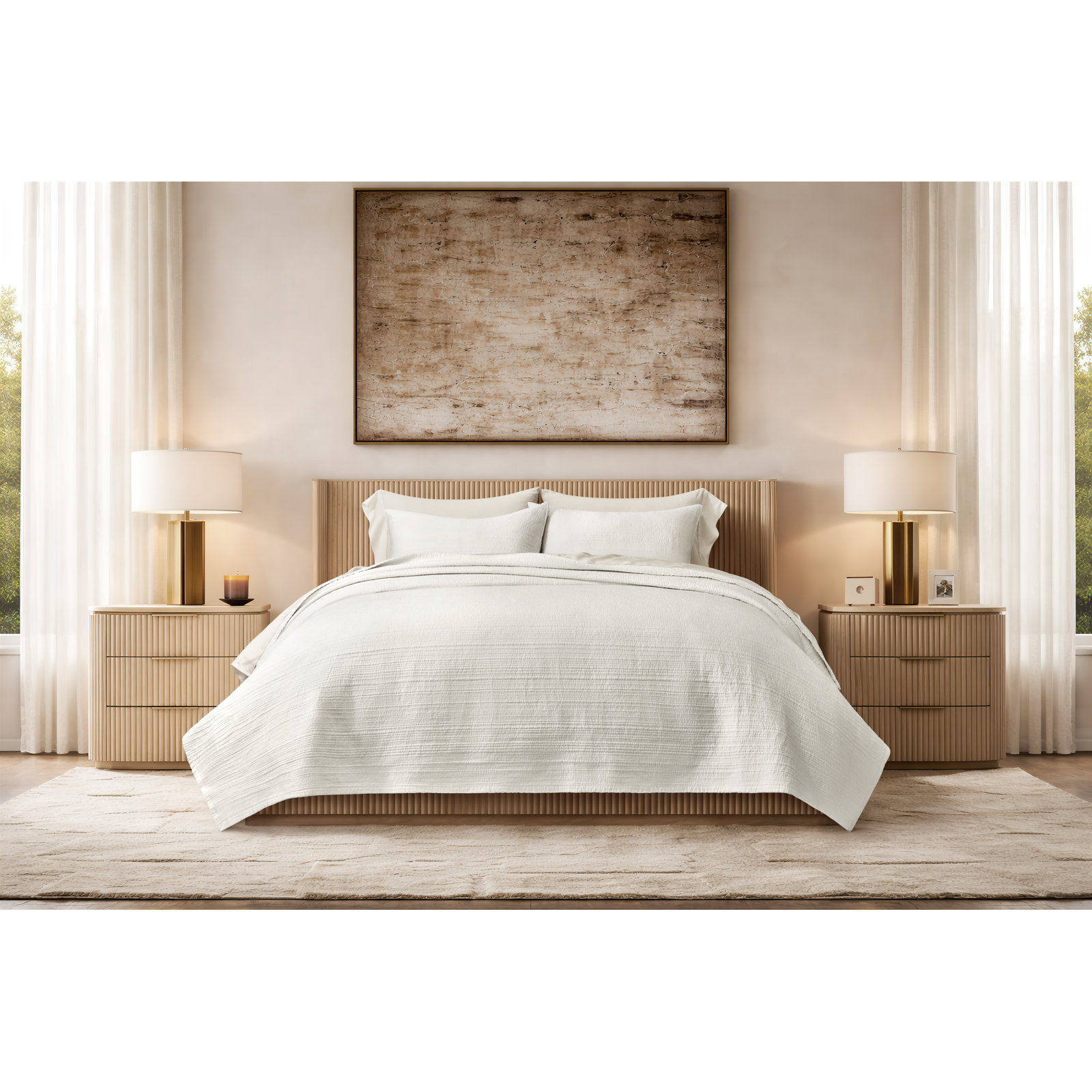 Cotton Sateen Quilt Set, Queen Quilt + 2 Queen Shams, Bright White
