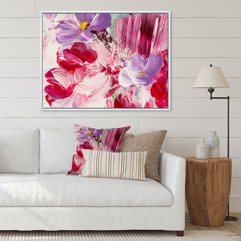 Fleurs abstraites rouges et mauves - peinture sur toile, Cadre blanc, H 31 po x l 41 po x P 1,5 po