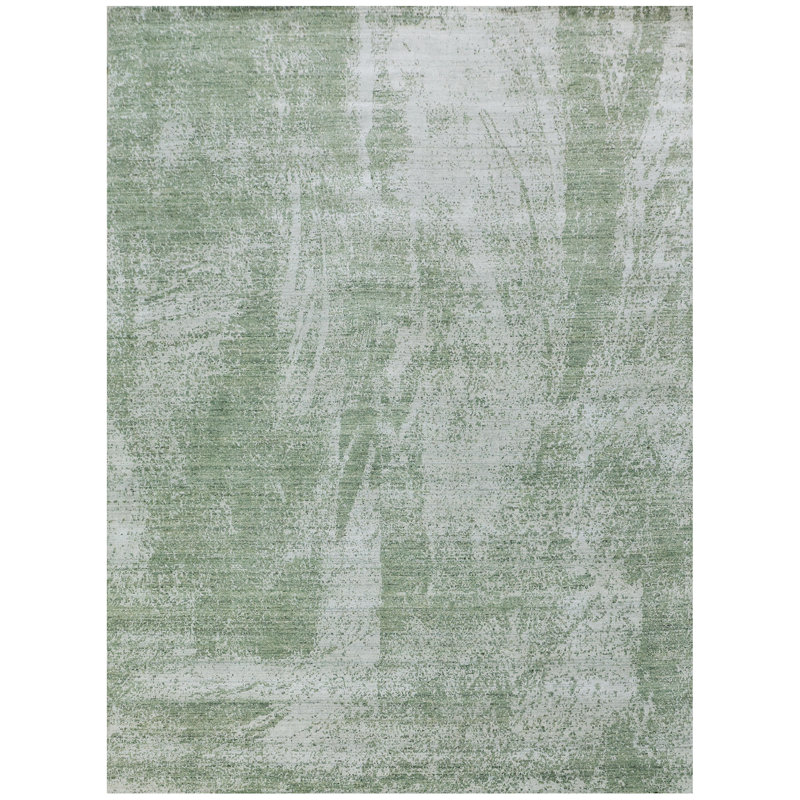 Tapis argenté et vert sauge de haute qualité noué à la main, Rectangle 6 pi x 9 pi