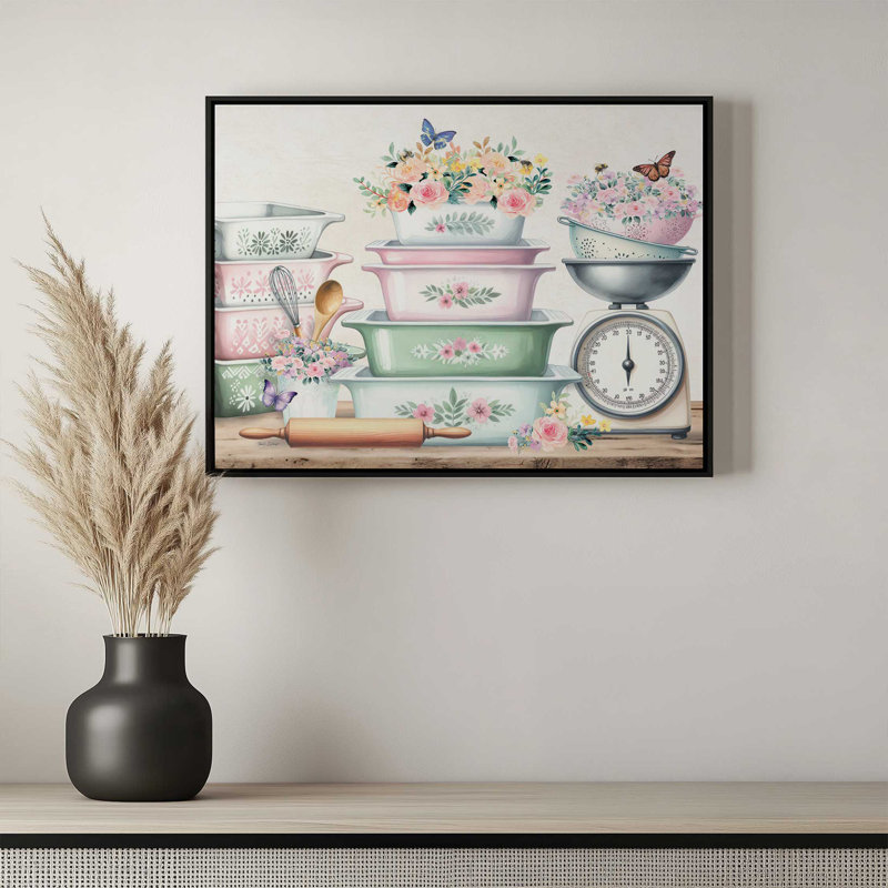 «In the Kitchen Floral Pans & Scale» par Nicole DeCamp, reproduction d'art, L 24 po x H 18 po, Tanné, Toile avec cadre