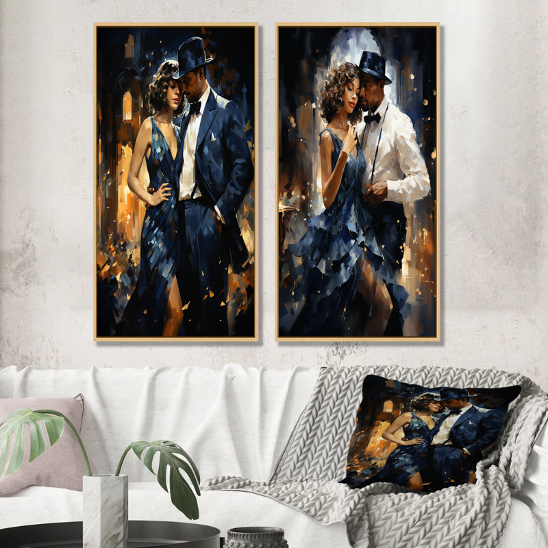 Ensemble de 2 décorations murales Harlem Renaissance Jazz Age Couple - Couple, Encadrement brun, H 32 po x l 33 po
