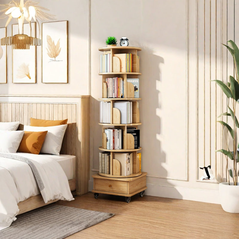 360° Rotating Bookshelf with Wheels Space-Saving Multi-Tier Spinning Bookcase Organizer Modern Display Shelf for Small Spaces Living Room Bedroom Office