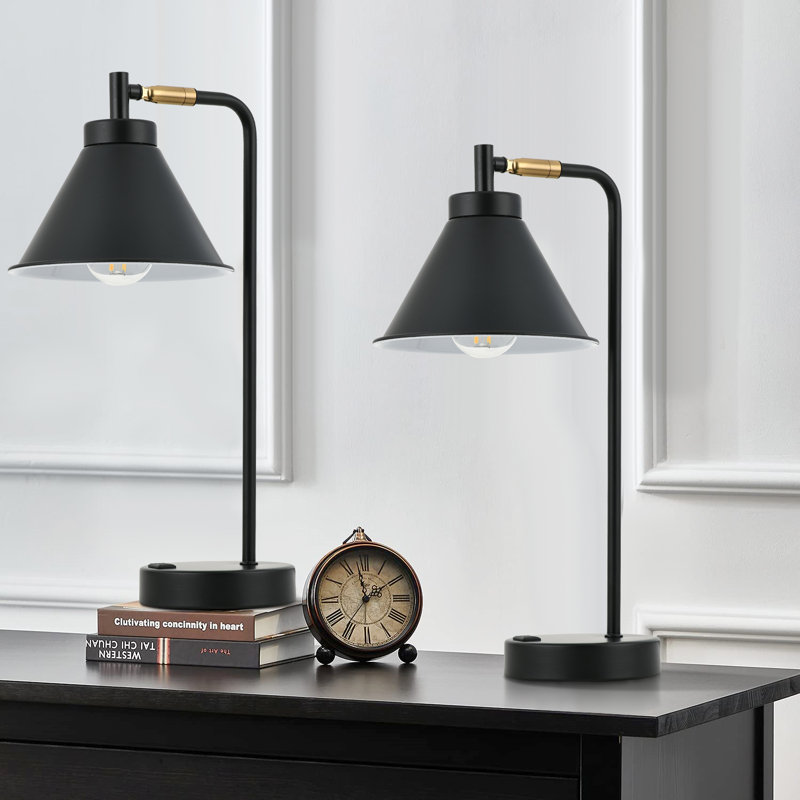 Lampe de bureau tactile en métal à intensité variable avec USB et prises de courant de type C et industrielles, Noir