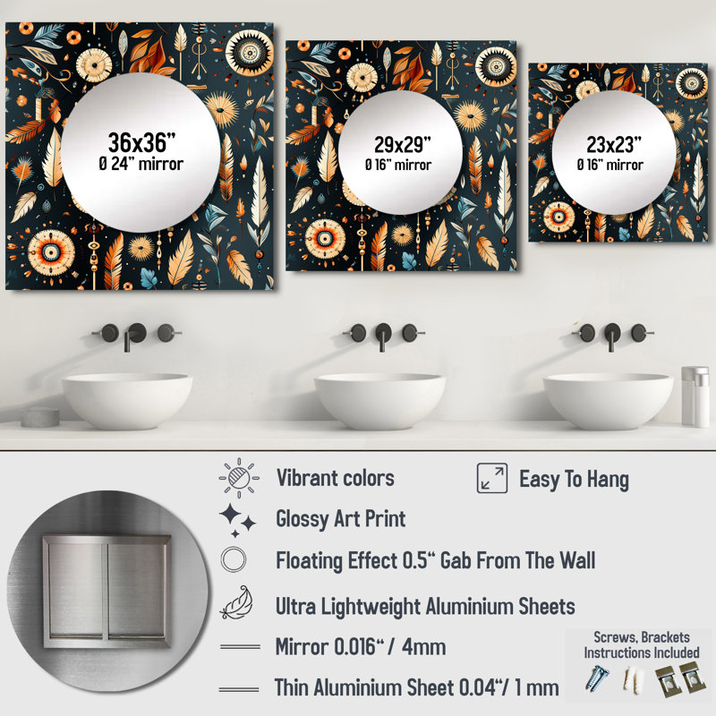 Vintage Nomad Ii Boho Pattern - Bohemian & Eclectic Square Mirror Wall Decor For Bedroom, 29" x 29"