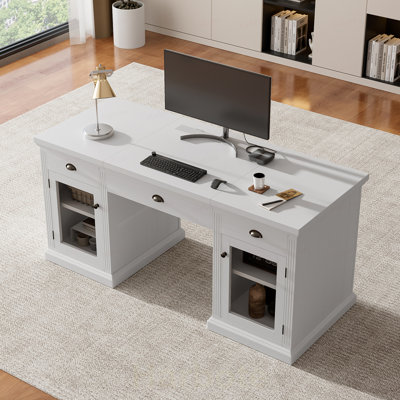 67" Modern Executive Desk,Computer Desk with 2 Glass Doors Storage Cabinet and 3 Drawers, Rectangle Home Office Desk  ,Reading Desk,Writing Table,Work