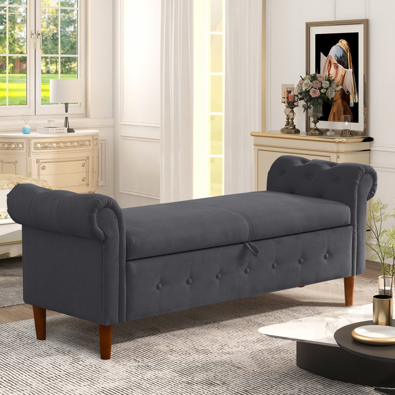 Linen Upholstered Storage Bench, Dark Gray