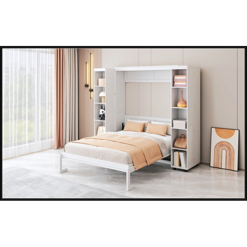 Grand lit escamotable avec portes de rangement, Blanc