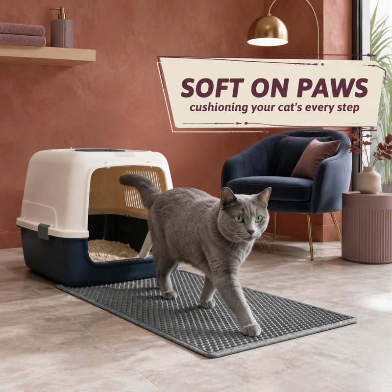 Gray 24 x 15 in cat litter mat with a waterproof double-layer honeycomb structure that catches scattered particles to stop tracking; the urine-proof base shields floors and the surface is easy to clean.