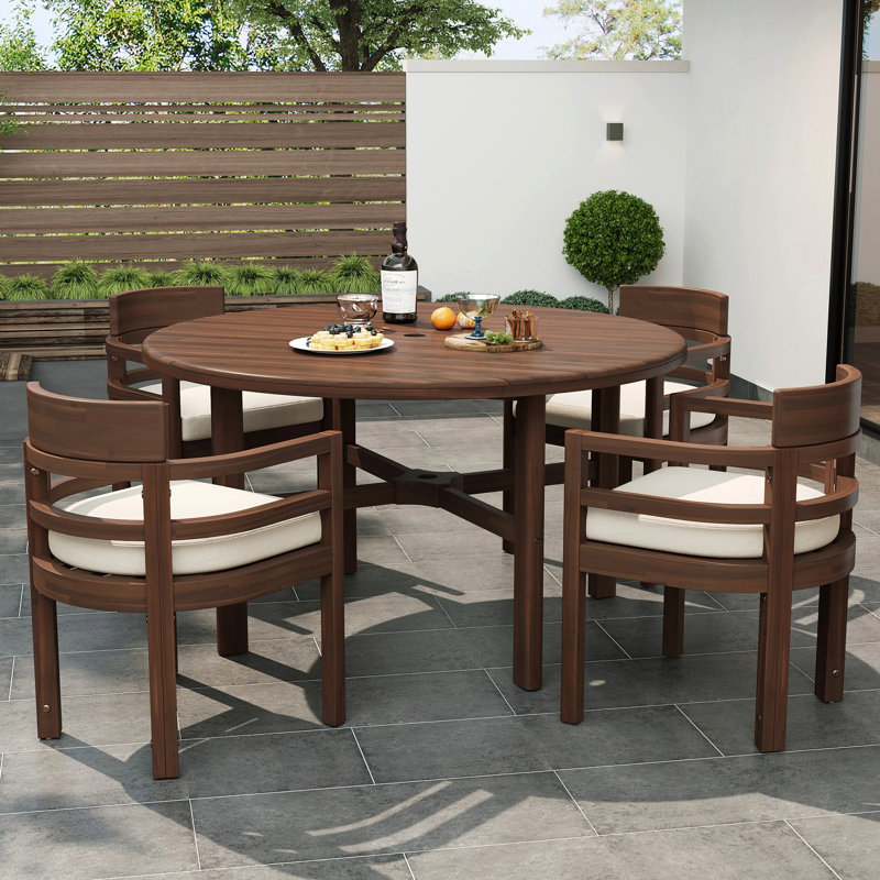 Ensemble repas pour 4 personnes avec coussins et trou pour parasol, Moka