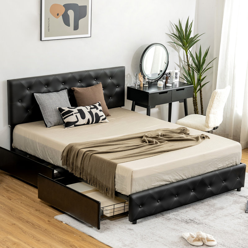 Lit plateforme double Adrin avec tête de lit capitonnée en cuir pu à 4 tiroirs Adrin