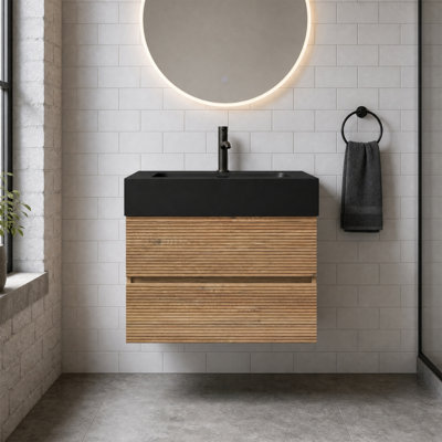 Meuble-lavabo mural 24 po, tiroirs noirs doux, lavabo à quartz en chêne, 2 tiroirs