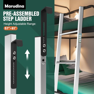 Heavy Duty Metal Step Ladder For Bunk Beds - 57" To 61" Adjustable Height, 300 Lbs Capacity, Anti-Slip Steps & Hooks, Easy To Install & Clean, Sturdy Design For Dorms, Kids' Rooms & Rvs