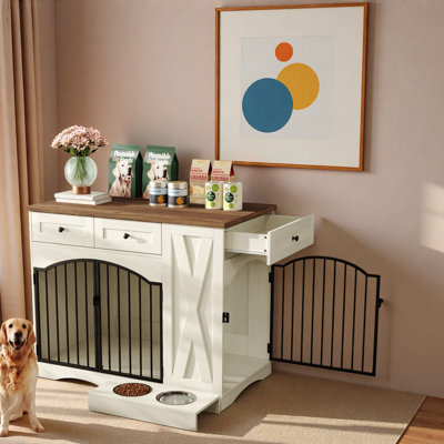 Farmhouse Dog Crate Furniture With 3 Drawers And Removable Feeder