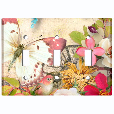 Metal Light Switch Plate Outlet Cover (Butterfly Colourful Flowers Compass White  - Single Toggle)