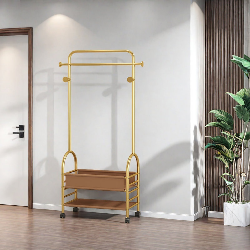 Elegant Multi-Function Coat Rack with Basket, Gold