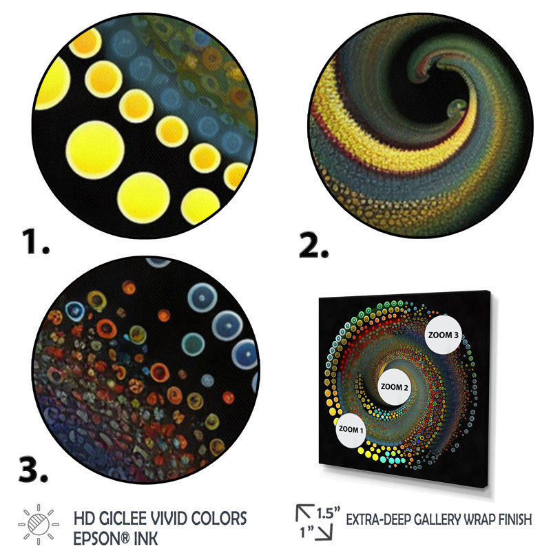 Iridiscdent pointillism spiral sur toile, H 16 po x l 16 po x P 1 po, Cadre simple argenté