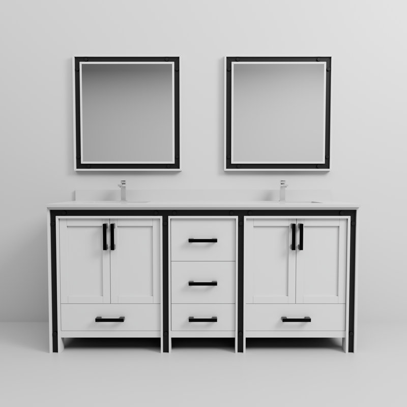 Ziva 72 in W x 22 in D Double Bath Vanity, White Top, 30 in Mirrors and Chrome Faucet Set, White Quartz, White