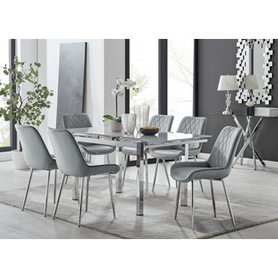 Ensemble de table de salle à manger extensible en verre et en métal Tierra et 6 chaises de salle à manger rembourrées en velours