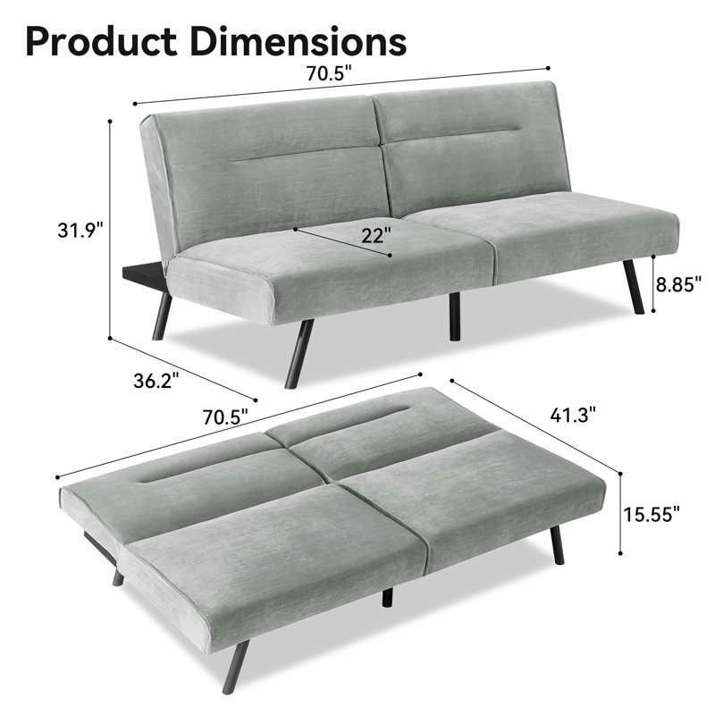 Davaunte 70.5'' Velvet Convertible Sofa, Gray