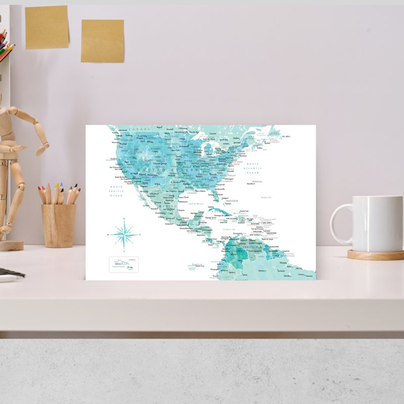 Watercolor Americas Map Contemporary City Wall Art Print 1 Piece Wrapped Canvas Wall Art, 45.72cm H x 30.48cm W