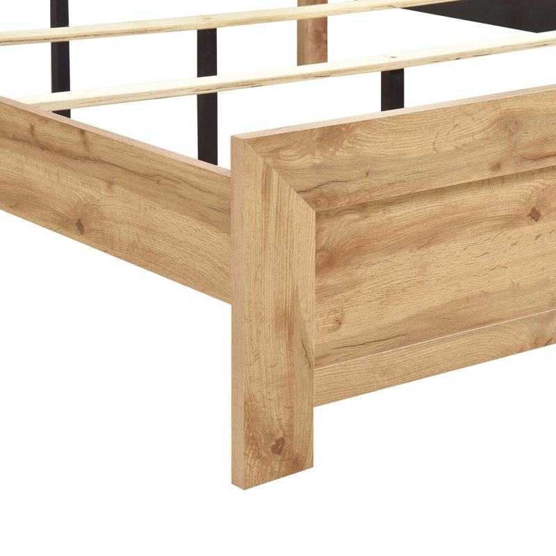 Cadre de lit double avec tête de lit et rails, finition naturelle, panneau de qualité rustique pour chambre à coucher, stratifié