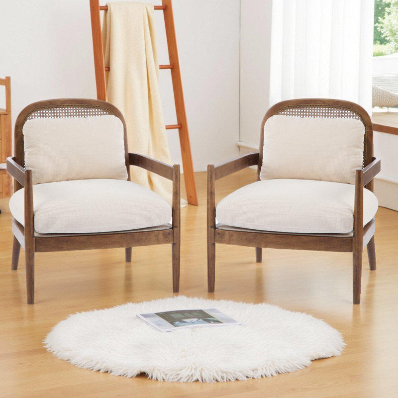 Fauteuil d'appoint 2 pièces Mid-Century moderne avec dossier en rotin et coussin en bois massif, Rayures beiges